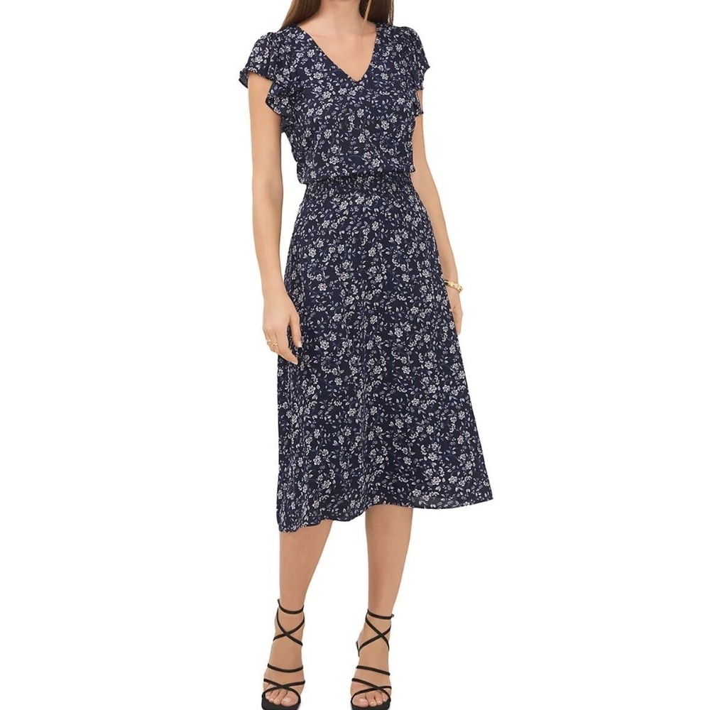 Vince Camuto Ditsy Floral Ruffled Cap Sleeve Midi Dress XS Feminine Romantic NWT